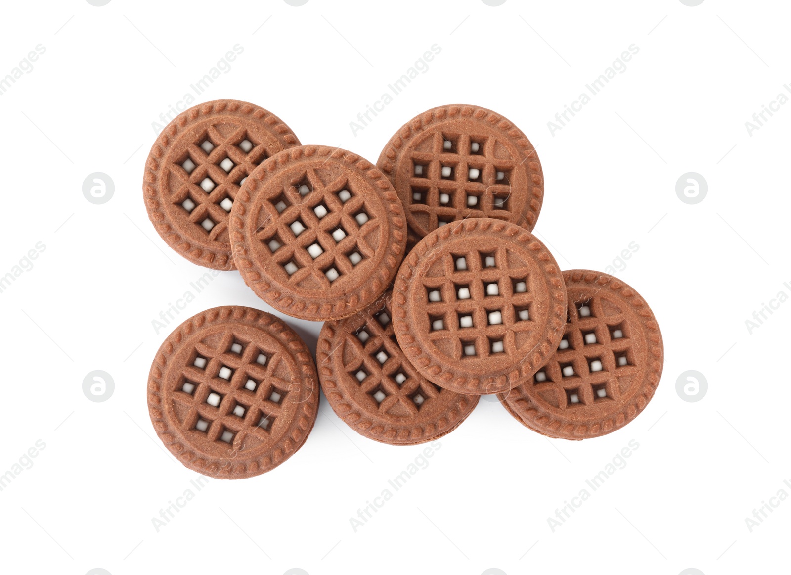 Photo of Tasty chocolate sandwich cookies with cream isolated on white, top view