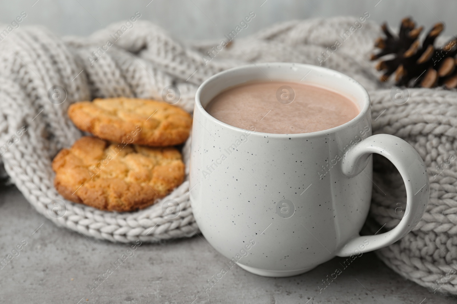 Photo of Delicious hot cocoa drink in cup, cookies and knitted blanket on grey surface