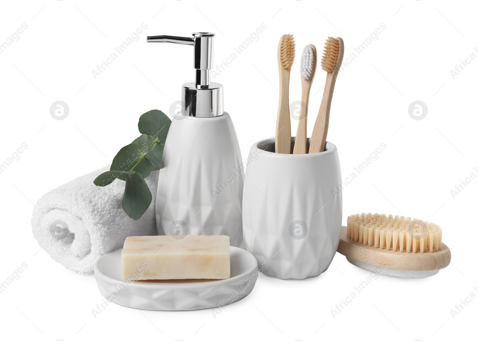 Photo of Bath accessories. Set of different personal care products and eucalyptus leaves isolated on white