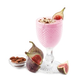 Photo of Delicious fig smoothie and ingredients on white background