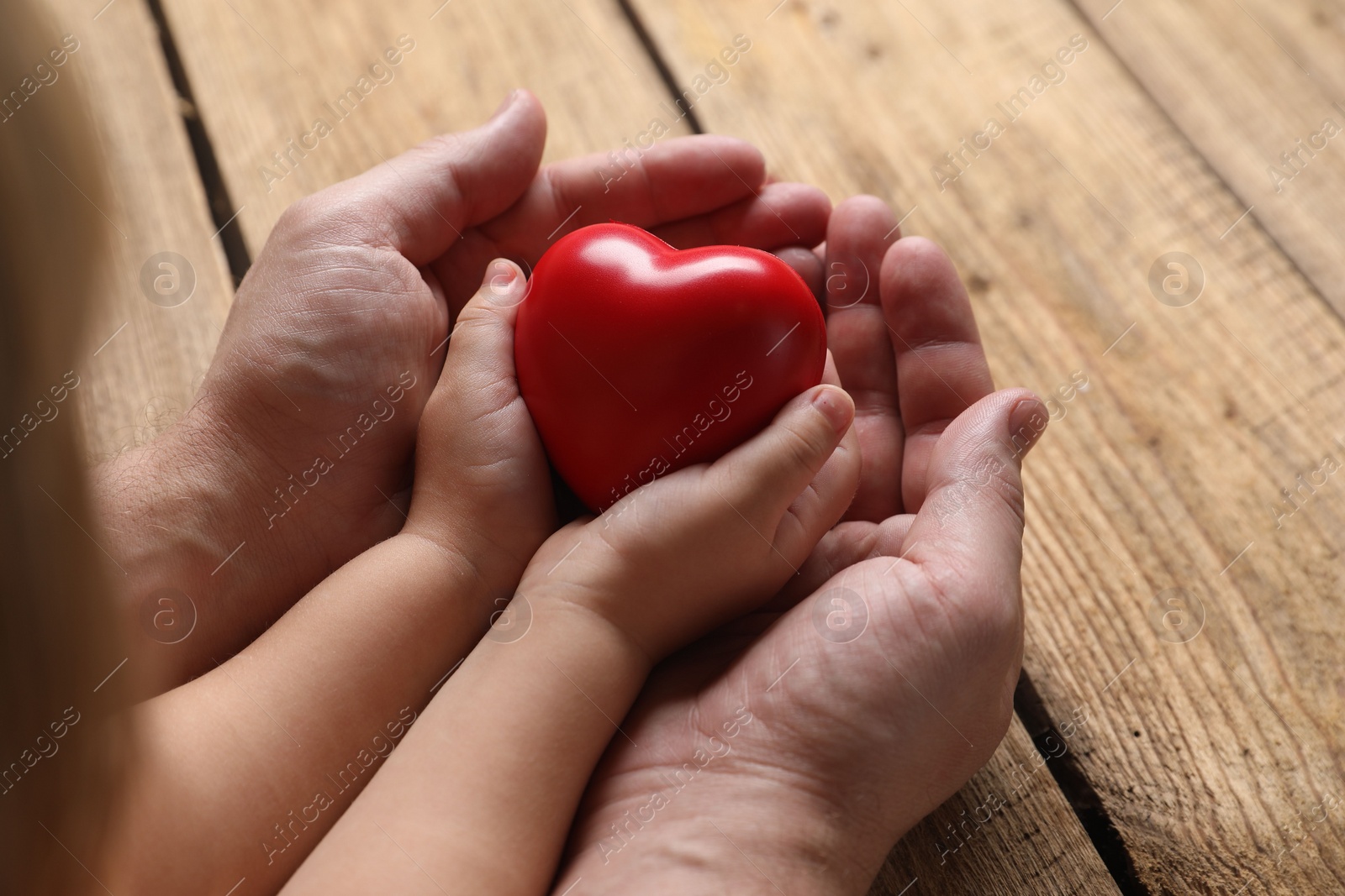 Photo of Father and his child holding red decorative heart at wooden table, closeup