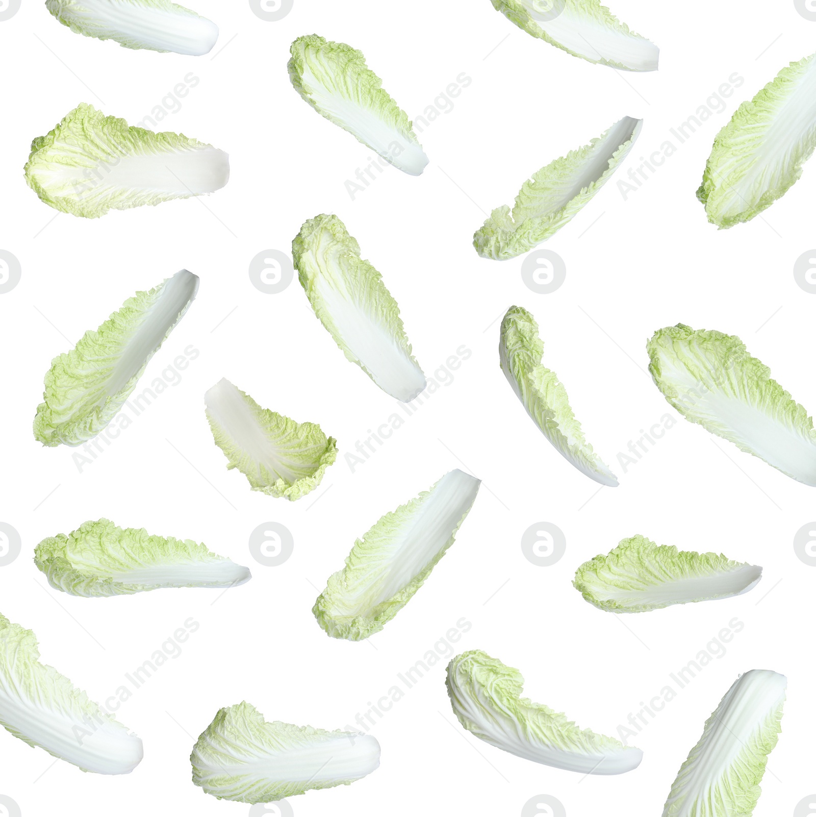 Image of Set with falling fresh leaves of napa cabbage on white background