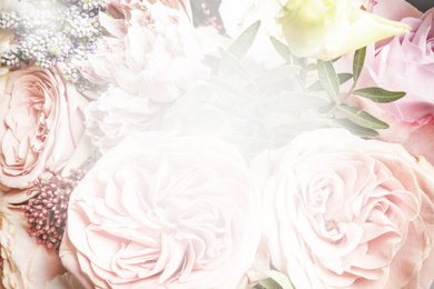 Image of Beautiful delicate bouquet, closeup. Floral decor in vintage style 