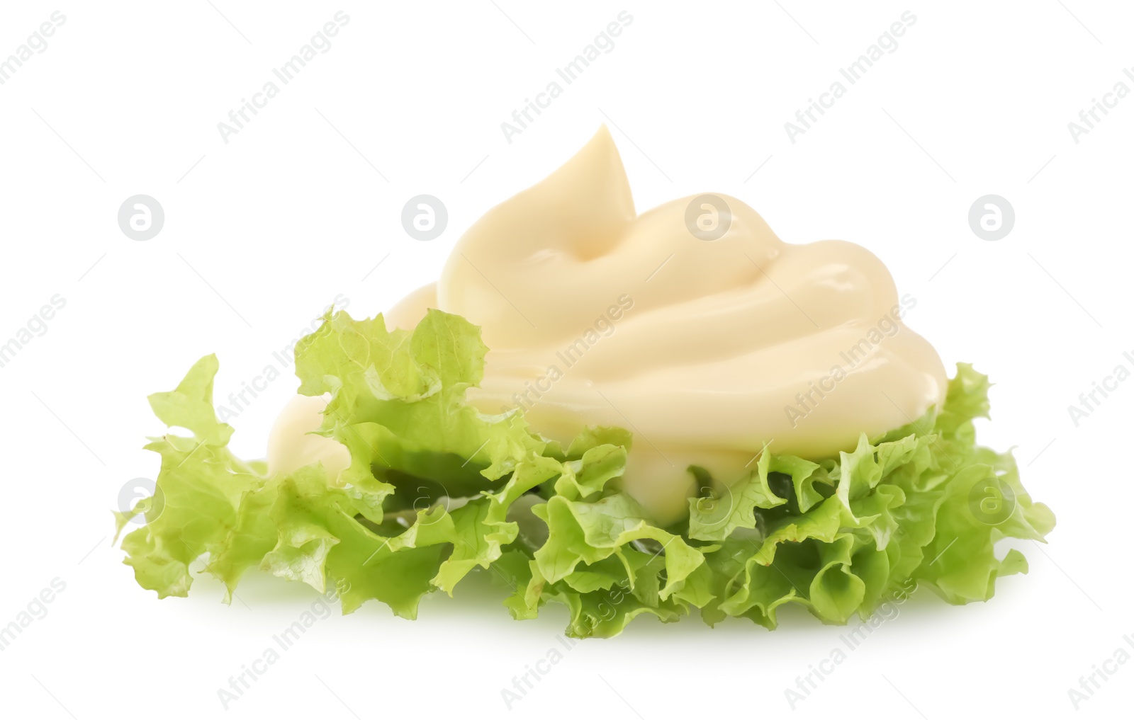 Photo of Tasty mayonnaise with lettuce isolated on white