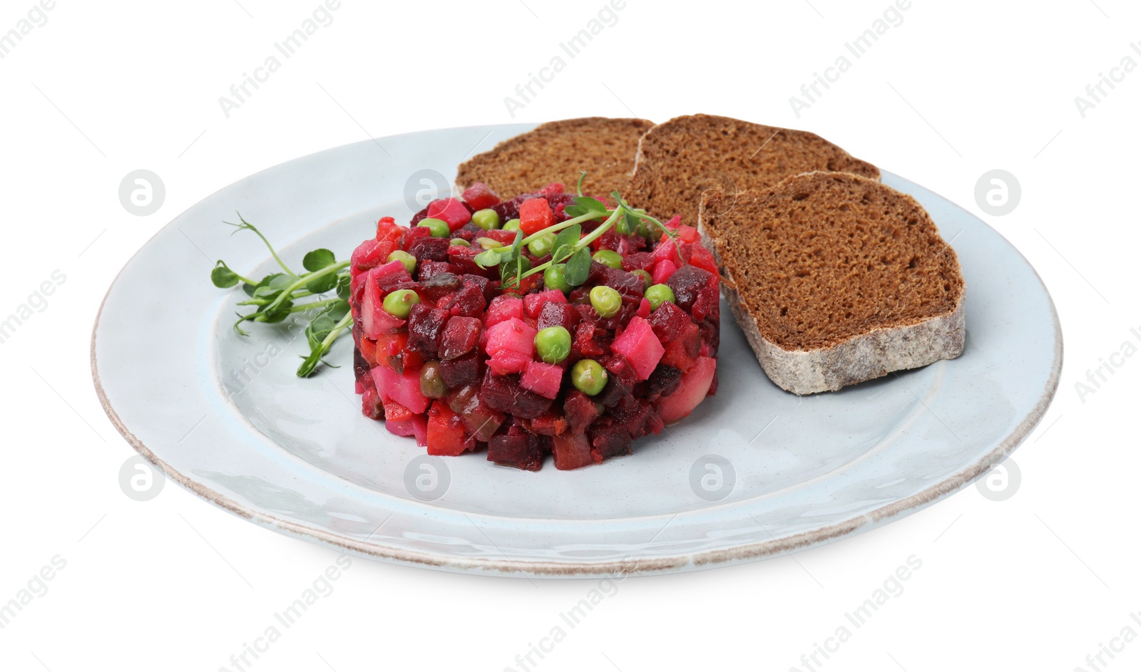 Photo of Delicious vinaigrette salad with slices of bread isolated on white