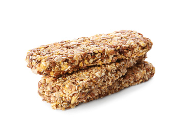 Crunchy granola bars on white background. Healthy snack