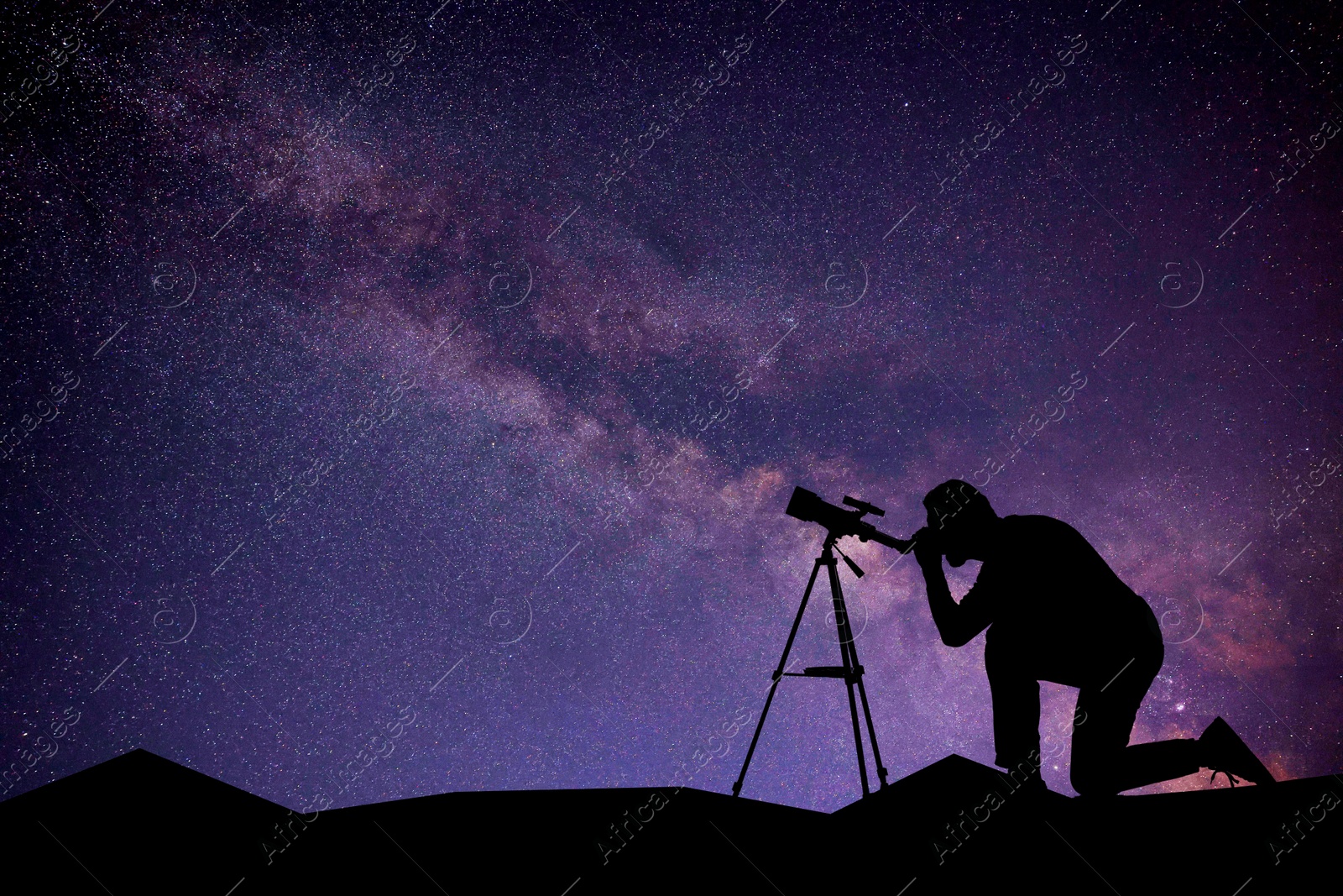 Image of Astronomer looking at starry sky through telescope outdoors. Space for text