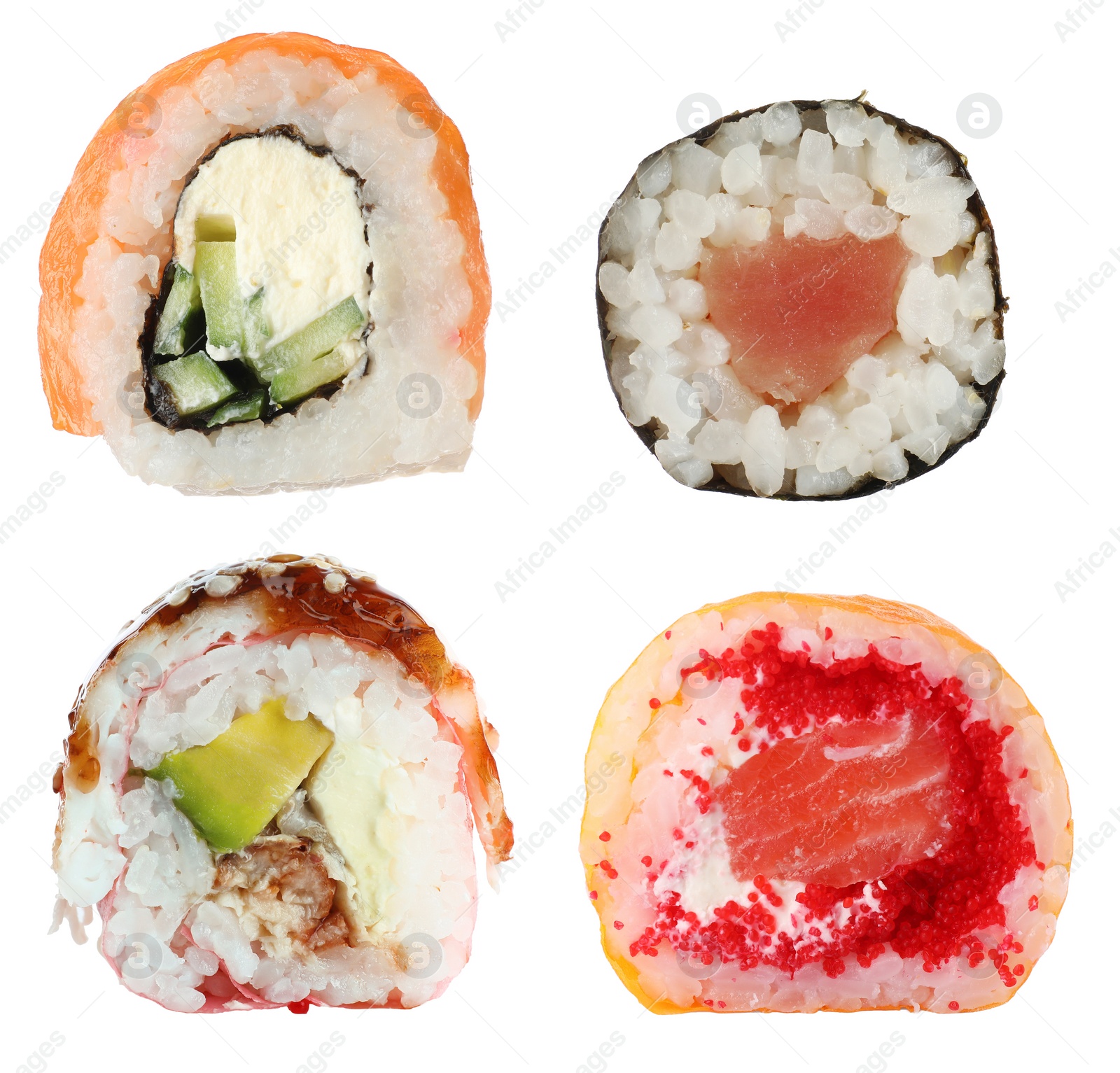 Image of Set of delicious different sushi rolls on white background