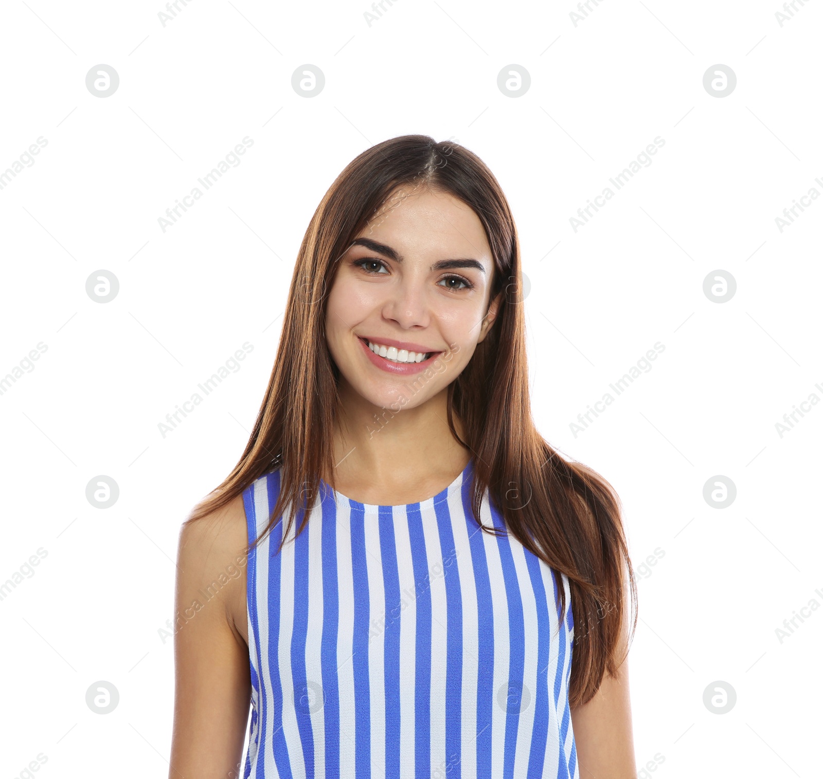 Photo of Portrait of young woman laughing on white background