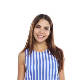 Photo of Portrait of young woman laughing on white background