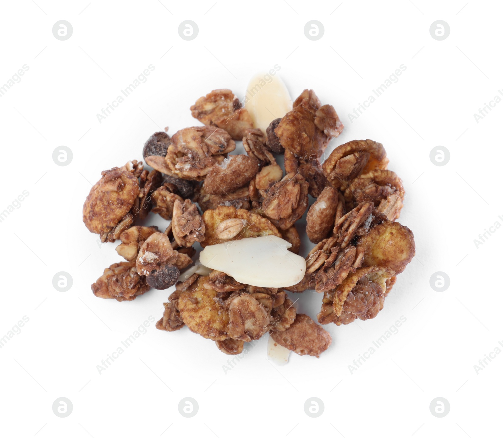 Photo of Pile of granola on white background, top view. Healthy snack