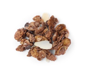 Photo of Pile of granola on white background, top view. Healthy snack