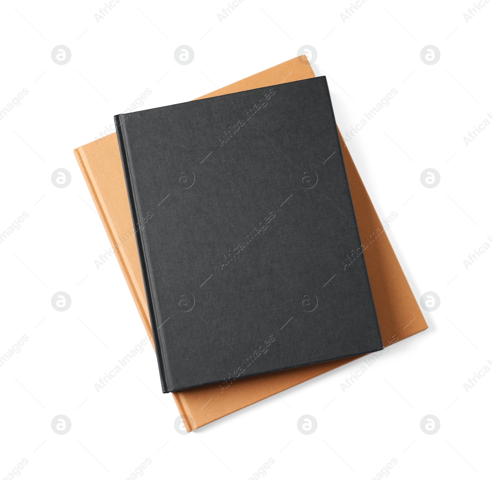 Photo of Hardcover books isolated on white, top view