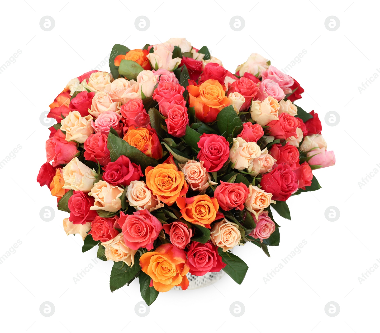 Photo of Bouquet of beautiful roses isolated on white, top view