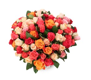 Bouquet of beautiful roses isolated on white, top view