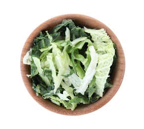 Shredded savoy cabbage in bowl isolated on white, top view