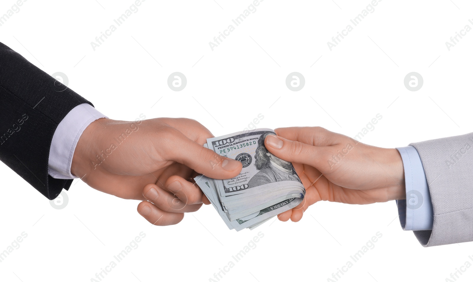 Photo of Money exchange. Man giving dollar banknotes to woman on white background, closeup