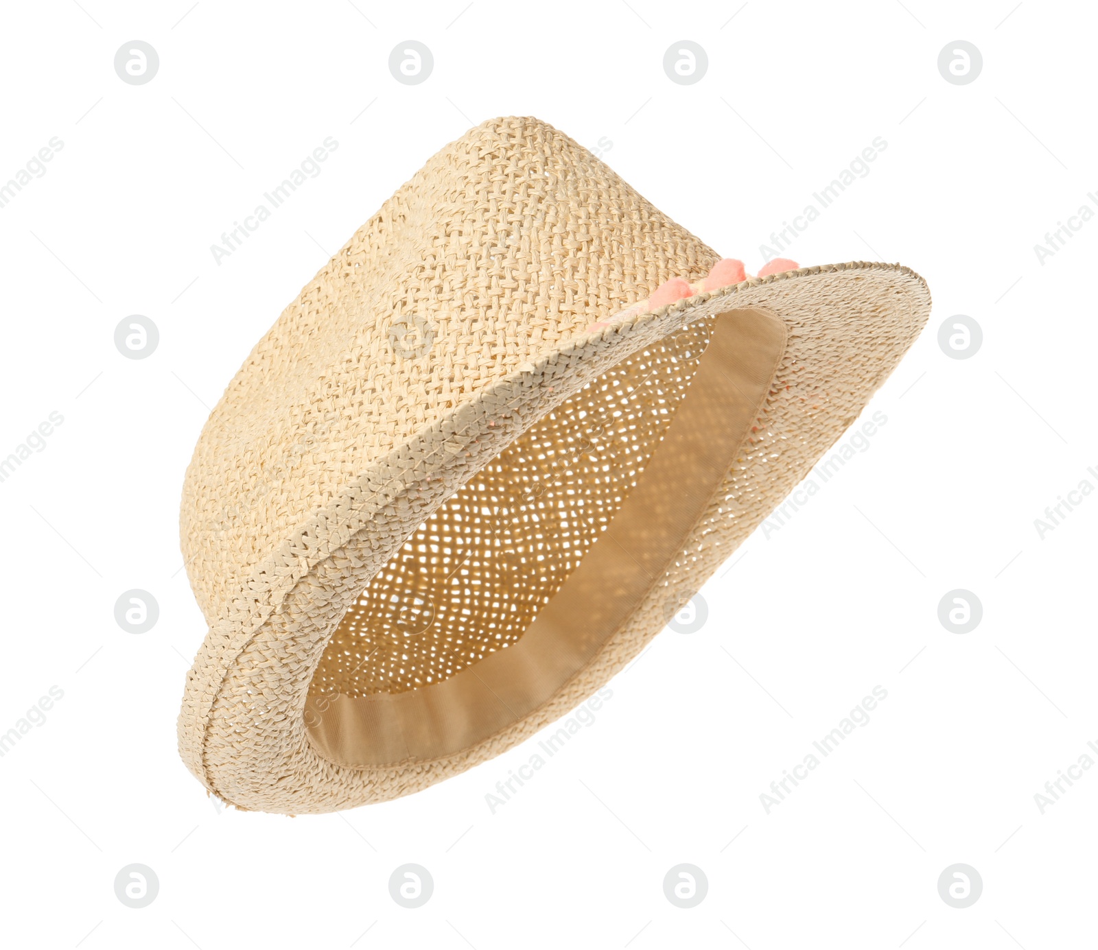 Photo of Stylish straw hat isolated on white. Fashionable accessory