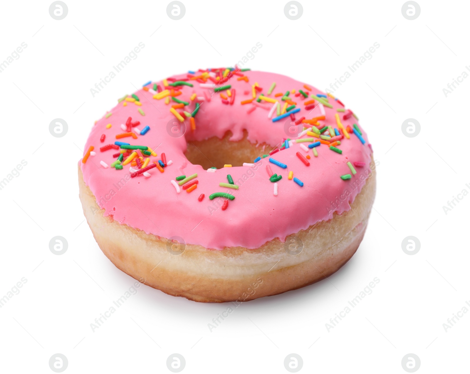 Photo of Glazed donut decorated with sprinkles isolated on white. Tasty confectionery