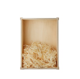 Photo of Wooden crate with shavings on white background, top view