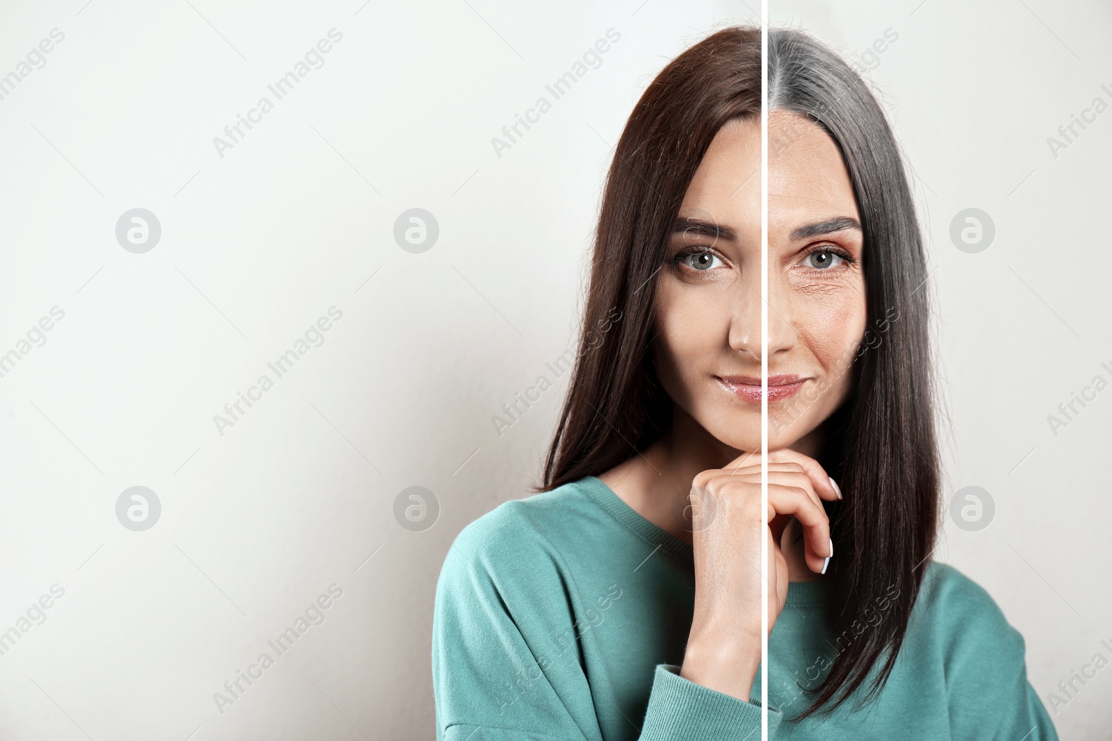 Image of Changes in appearance during aging. Portrait of woman divided in half to show her in younger and older ages. Collage design on white background