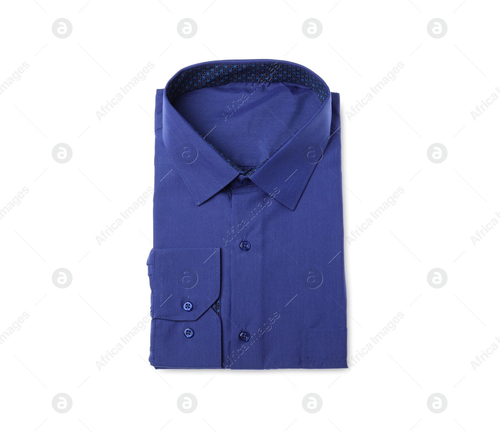 Photo of Stylish blue shirt isolated on white, top view. Dry-cleaning service