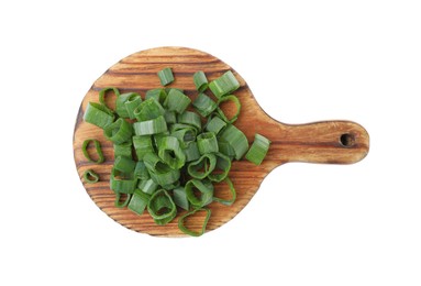 Photo of Chopped fresh green onion isolated on white, top view