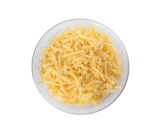 Photo of Glass bowl with grated cheese isolated on white, top view