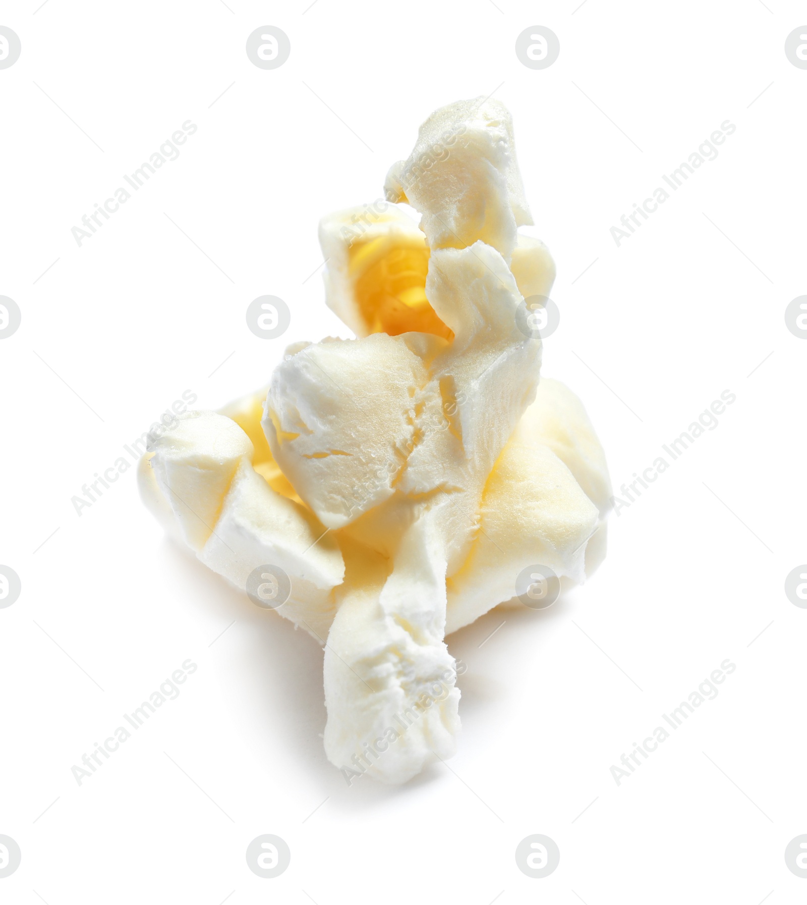 Photo of Delicious salty popcorn on white background