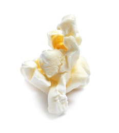 Photo of Delicious salty popcorn on white background