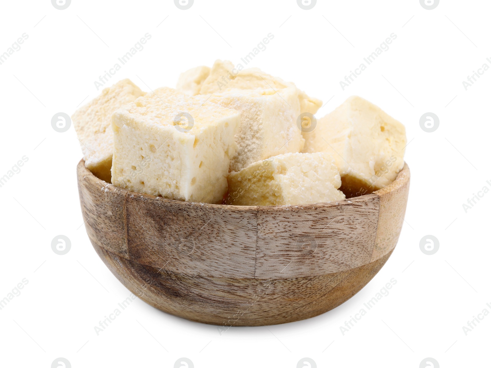 Photo of Bowl with tasty marshmallows on white background