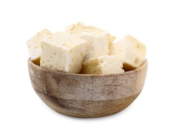 Photo of Bowl with tasty marshmallows on white background