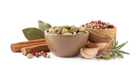 Photo of Different natural spices and herbs on white background