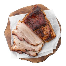 Photo of Pieces of tasty baked pork belly isolated on white, top view