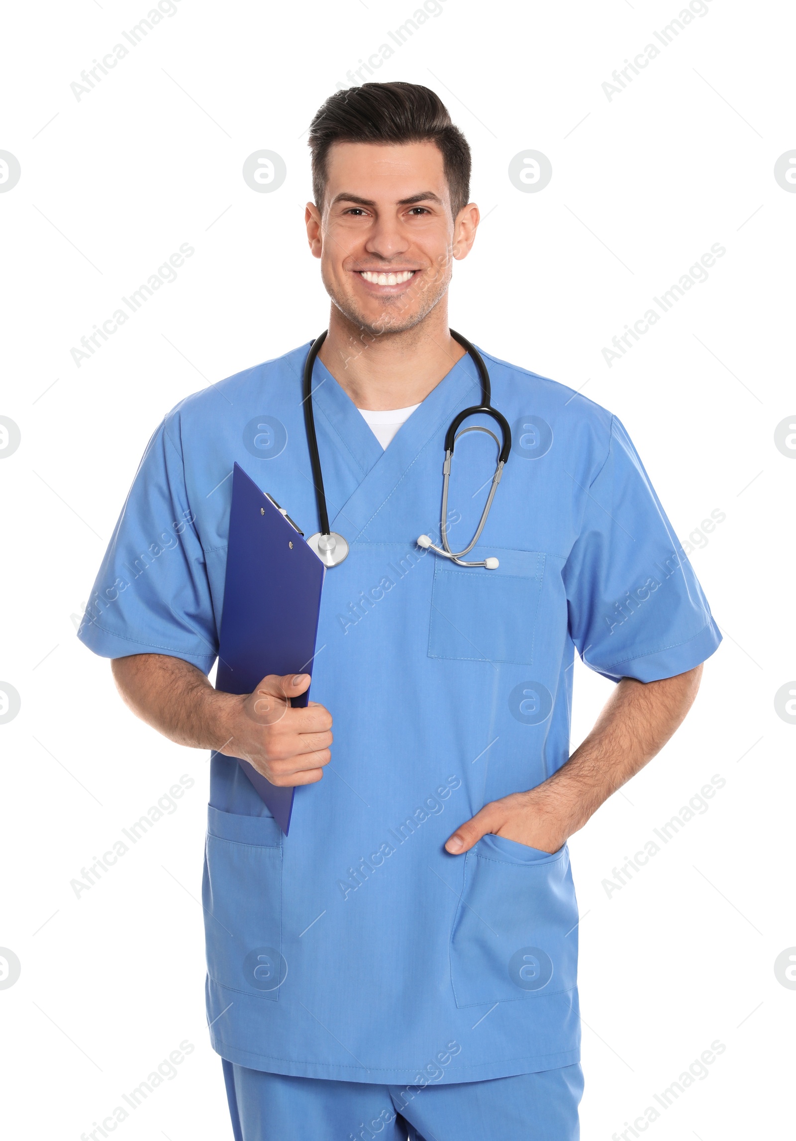 Photo of Portrait of medical doctor with clipboard and stethoscope isolated on white