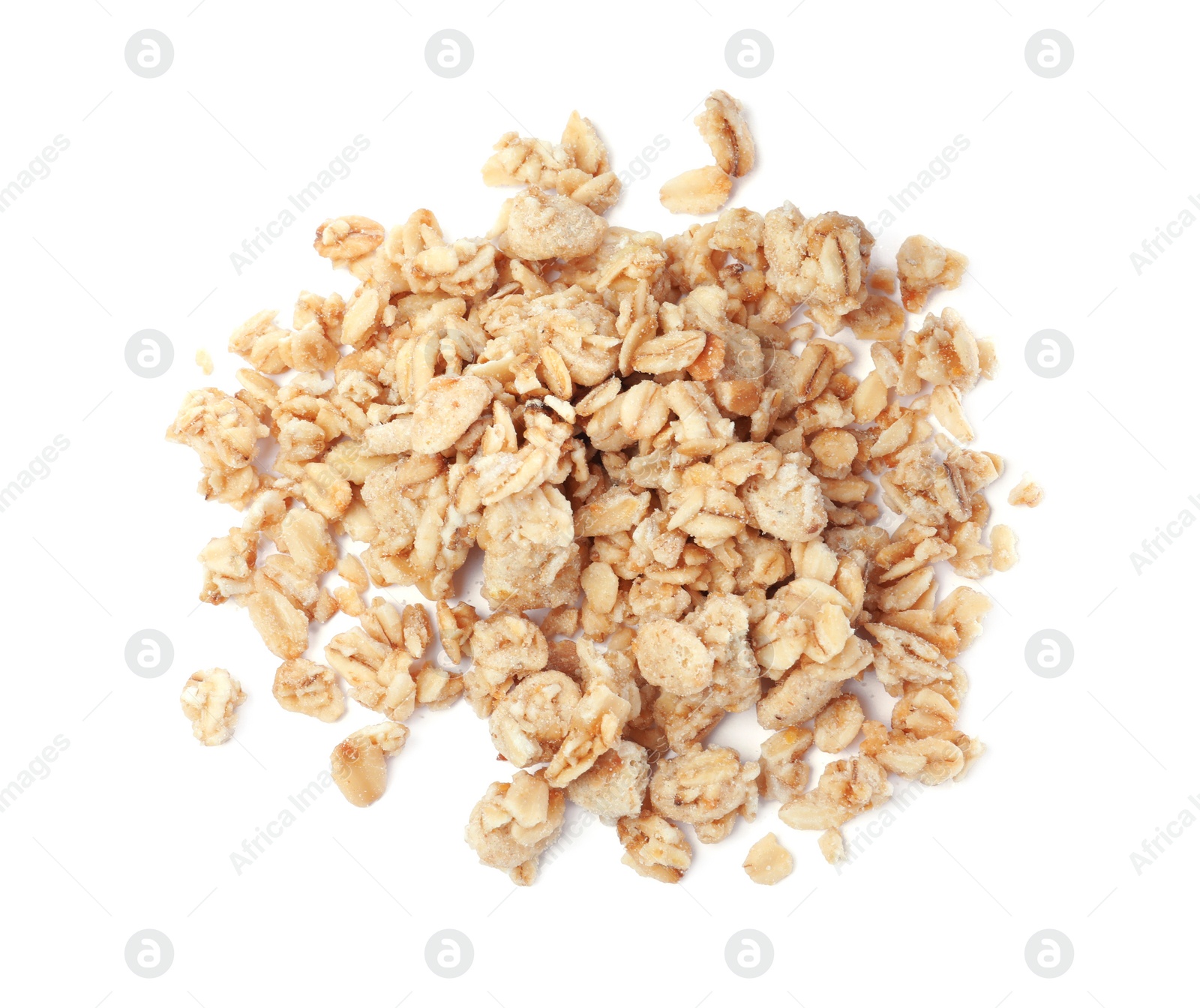 Photo of Pile of granola on white background, top view. Healthy snack