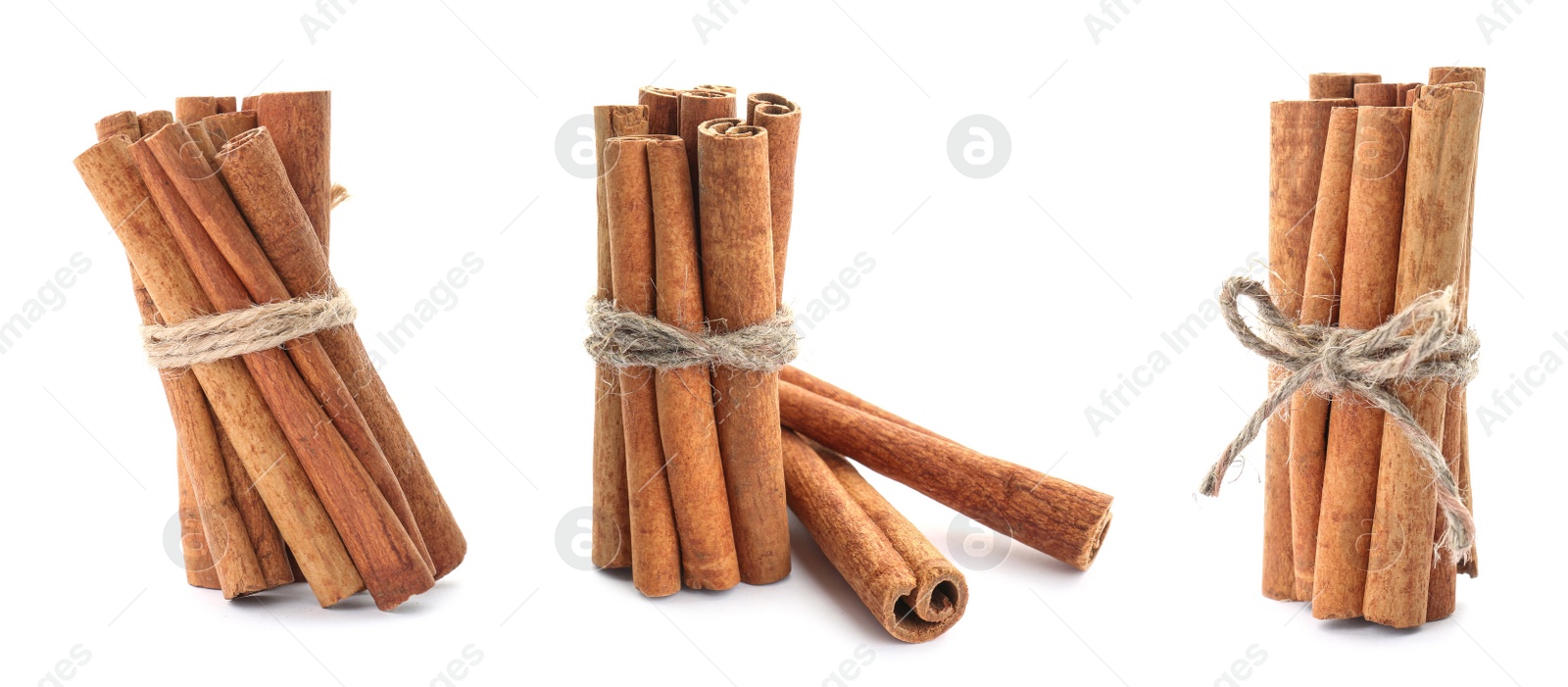 Image of Set with aromatic cinnamon sticks on white background. Banner design