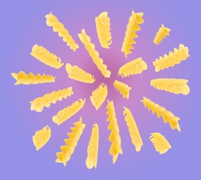 Raw fusilli pasta flying on color background