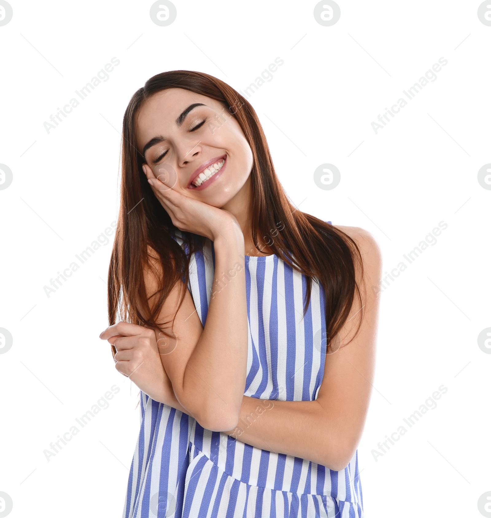 Photo of Portrait of young woman laughing on white background