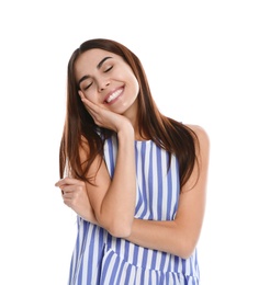 Photo of Portrait of young woman laughing on white background