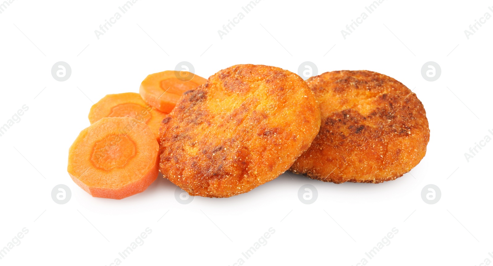 Photo of Tasty vegan cutlets with slices of carrot isolated on white