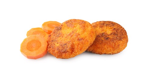 Tasty vegan cutlets with slices of carrot isolated on white