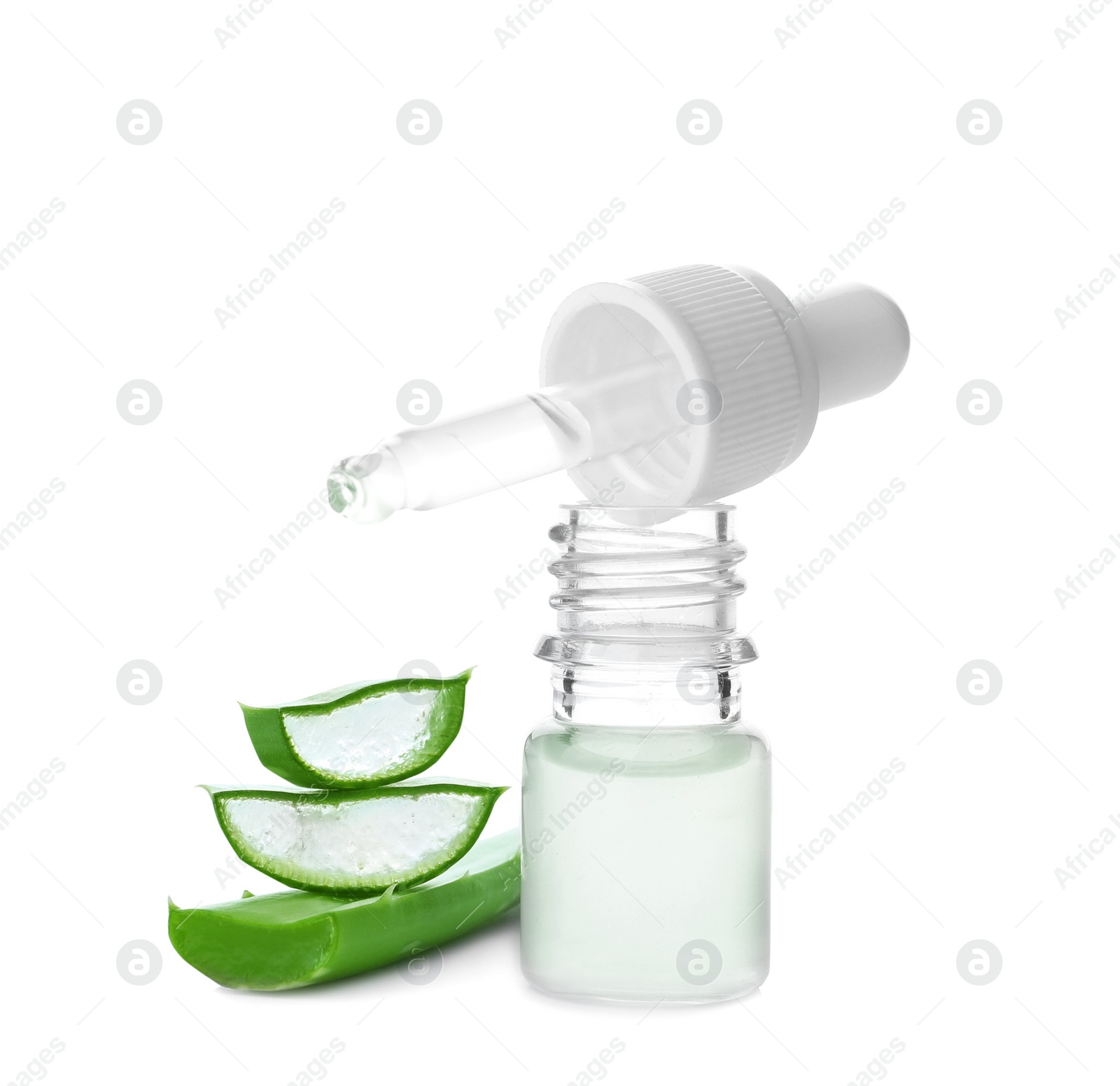 Photo of Bottle with aloe vera juice and sliced leaves on white background