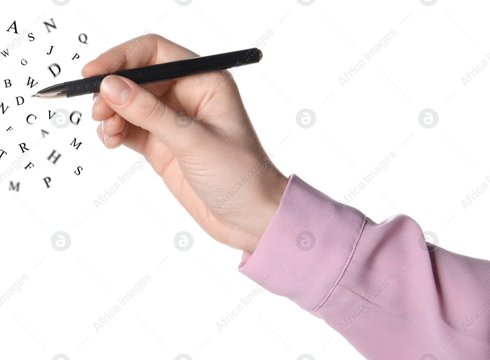 Image of Woman writing letters and they flying away on white background, closeup