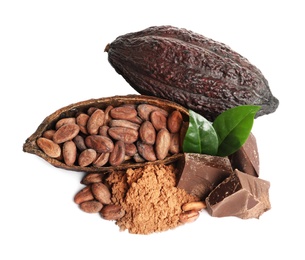 Photo of Composition with cocoa products on white background, top view