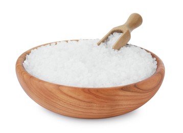 Photo of Wooden bowl and scoop with natural sea salt isolated on white