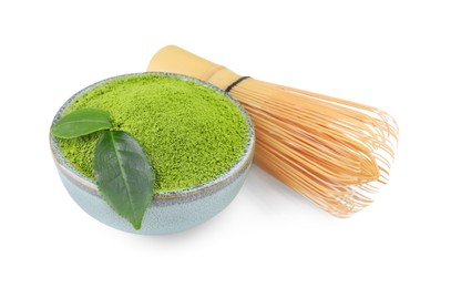 Photo of Bamboo whisk, leaves and bowl with matcha powder isolated on white