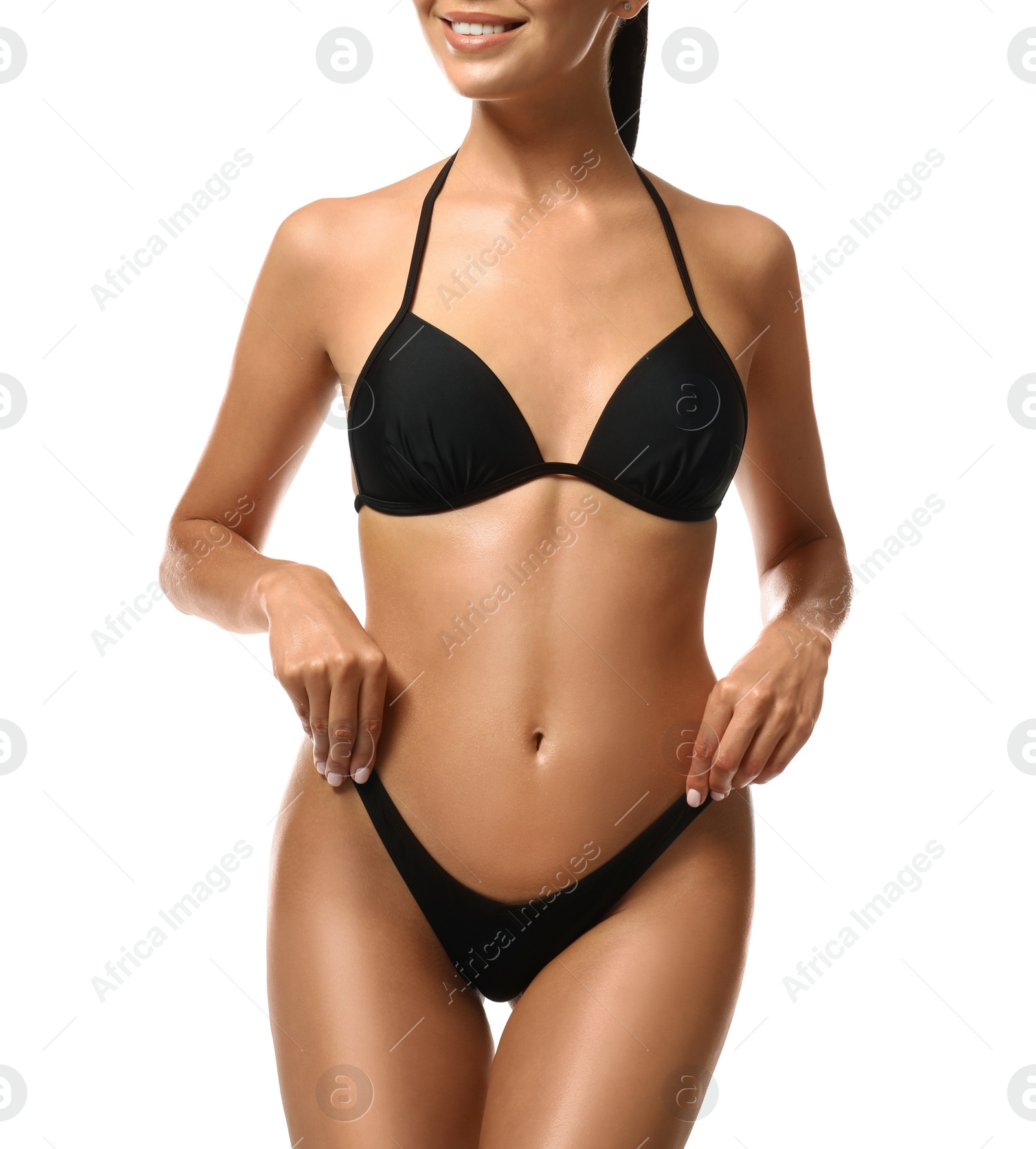 Photo of Sexy young woman in stylish swimsuit isolated on white, closeup. Beach body goal