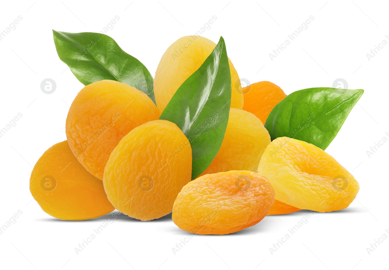 Image of Tasty dried apricots and green leaves on white background