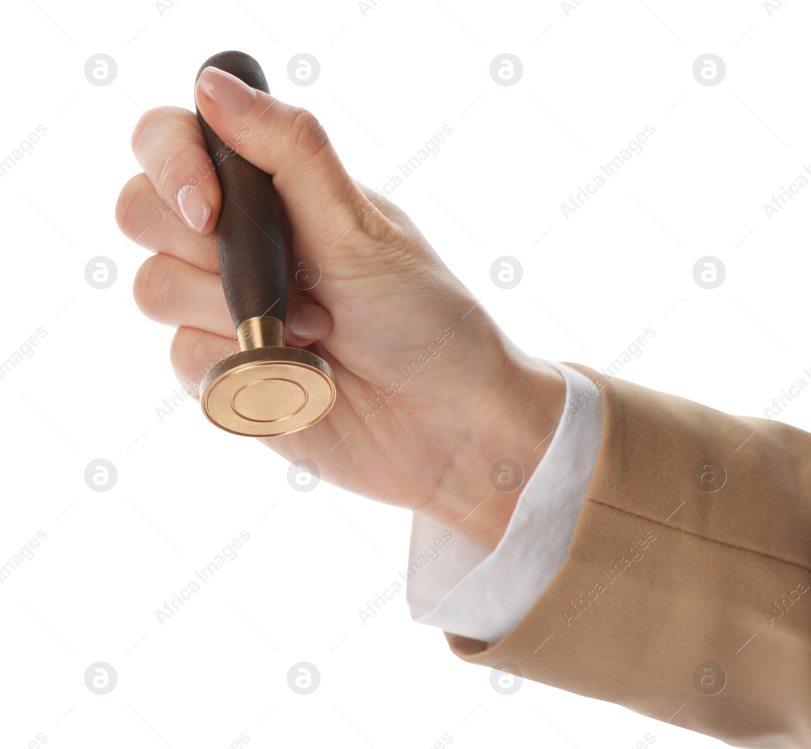 Photo of Man holding wooden stamp on white background, closeup